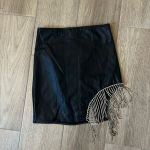 Black Faux Leather Rhinestone Fringe Mini Skirt